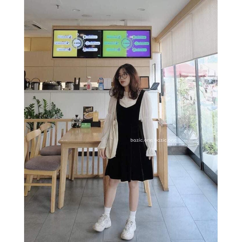 Sét váy yếm chun eo kèm sơ mi trắng chun tay dễ thương (kèm video/ảnh thật) Xưởng Sỉ Nguyễn Hoa