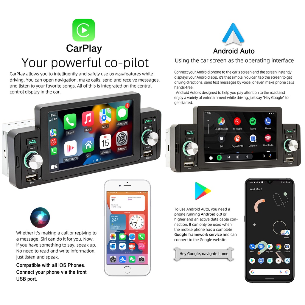 Máy Phát MP5 5 Inch CarPlay 1 Din Bluetooth 5.1 Cho Điện Thoại Di Động