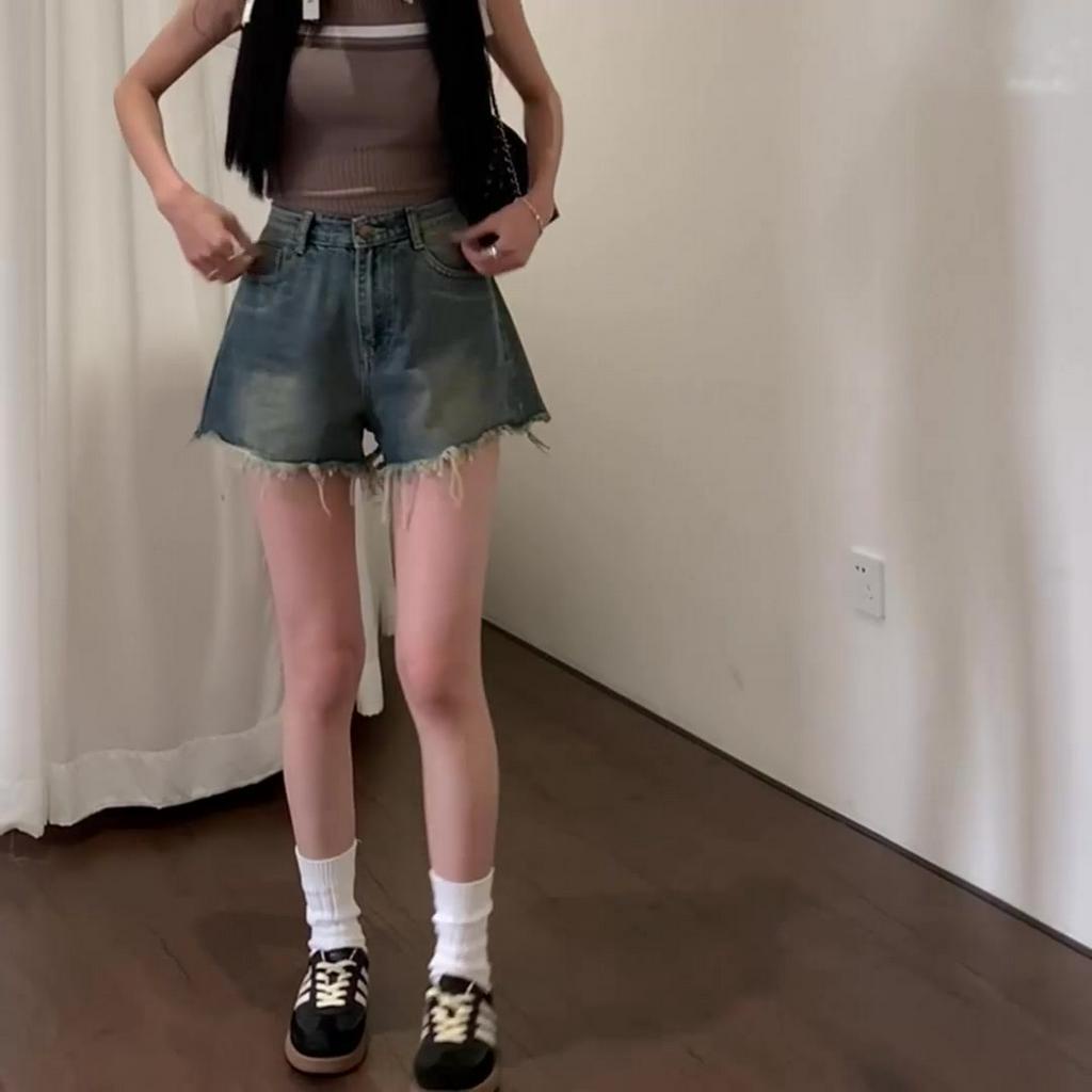 Quần Short denim Lưng Cao Phối Tua Rua Phong Cách retro