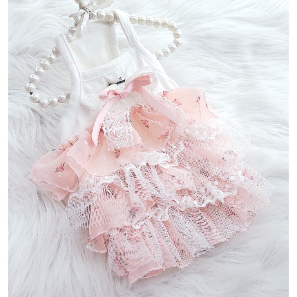 Váy hai dây CAMQUYTSTORE thiết kế voan tầng hoa phối nơ ren cho thú cưng