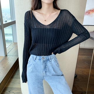 Áo thun Dệt kim dáng rộng Áo mùa thu mỏng kiểu dáng lười biếng Tay Dài Nữ