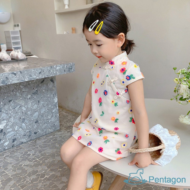 Đầm Công Chúa Sườn Xám Phối Lưới Nhiều Màu Dễ Thương Phong Cách Trung Hoa Cho Bé Gái
