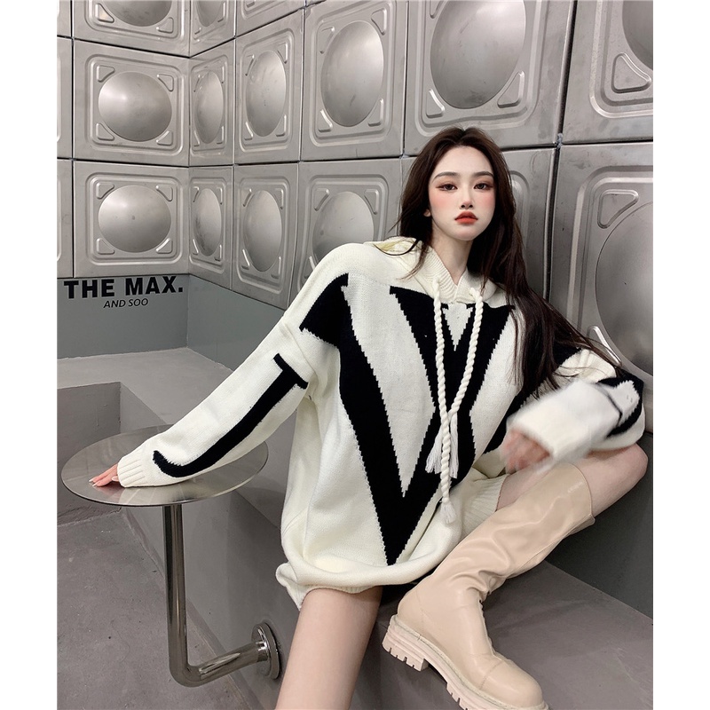 Áo hoodie dệt kim tay dài dáng rộng phong cách Hàn Quốc cho nữ