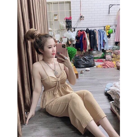 [[ Miễn phí ship 2022] Set bô áo 2 dây rút ngực quần ống suông, set đồ nữ quần dài mặc nhà, đi chơi xinh xắn