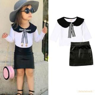 Set áo thun dài tay cổ thắt nơ + Chân váy xinh xắn cho bé gái