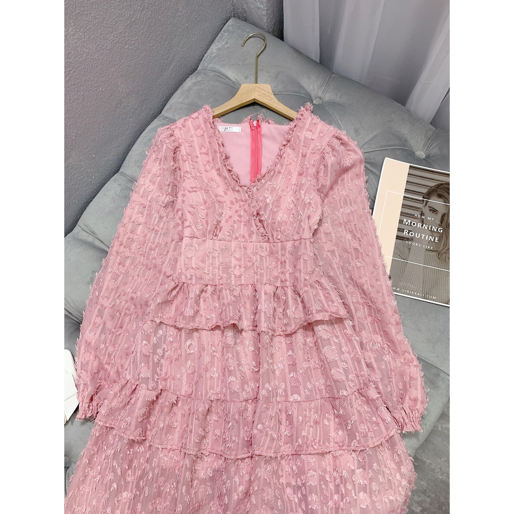 VÁY ĐẦM BỒNG TẦNG MÀU HỒNG CỔ V BÈO SIÊU XINH XẮN | BigBuy360 - bigbuy360.vn