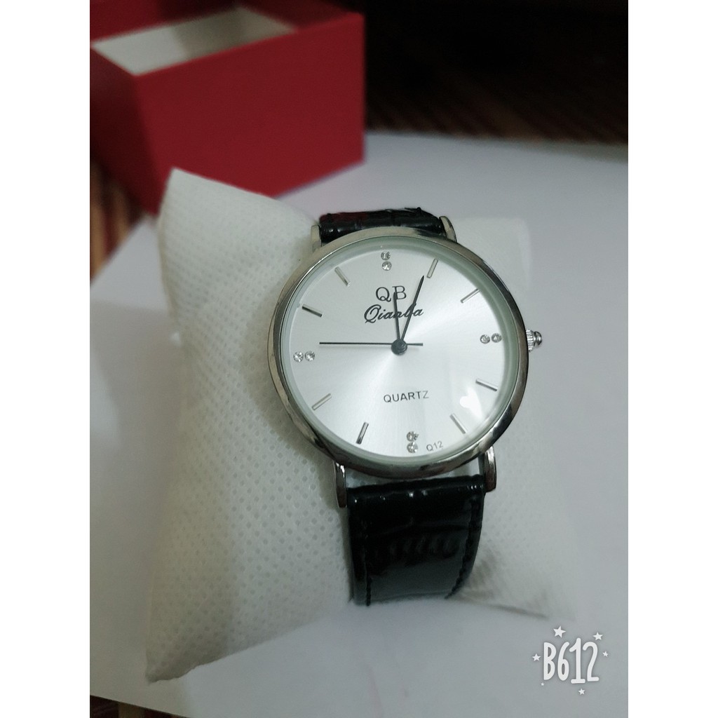 Đồng hồ nam nữ qianba mặt trắng dây da đen bóng siêu đẹp | BigBuy360 - bigbuy360.vn