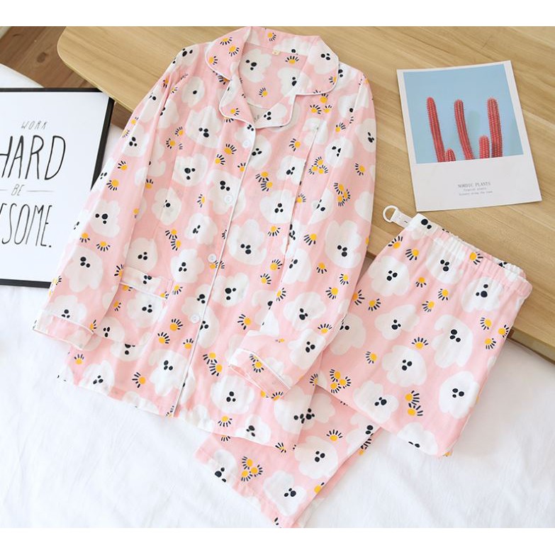 Bộ Đồ Pyjama Bầu Và Sau Sinh Dài Tay Azuno AZ2020 Mặc Nhà Có Thiết Kế Chun Chỉnh Bụng Và Khe Mở Cho Con Bú Chất Xô Nhật