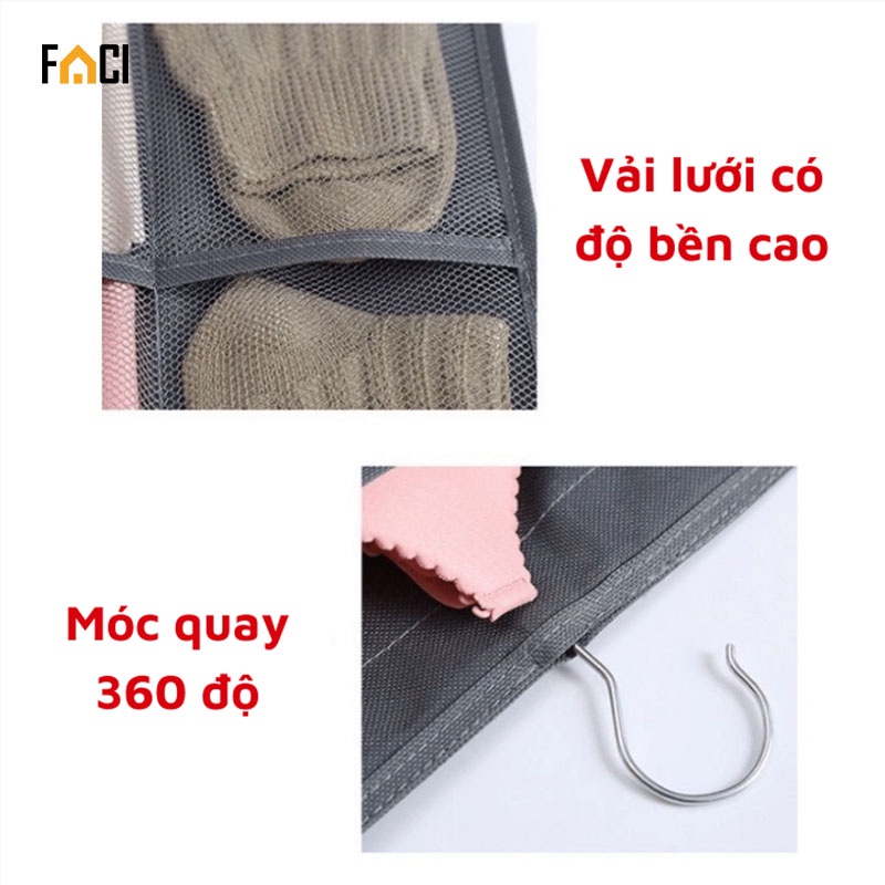 Túi treo tủ đựng đồ lót màu ghi khay lưới đựng đồ cá nhân 2 mặt 30 ngăn tiện ích dễ tìm đồ sắp xếp gọn gàng tủ quần áo