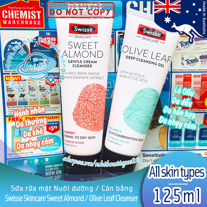 🌱CÓ BILL🌱 Sữa rửa mặt lá Oliu và hạnh nhân Swisse Skincare Cleansing Gel 125ml 🌱 Chuẩn Chemist Warehouse 🌱