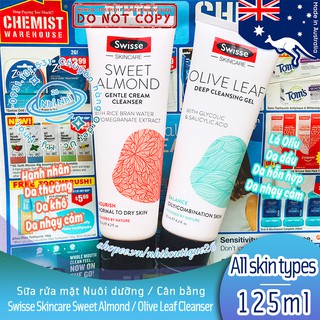 🌱CÓ BILL🌱 Sữa rửa mặt lá Oliu và hạnh nhân Swisse Skincare Cleansing Gel 125ml 🌱 Chuẩn Chemist Warehouse 🌱