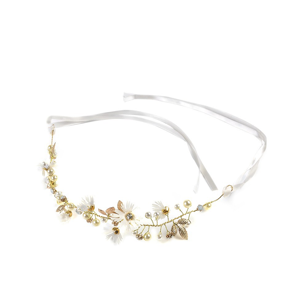 Cài tóc kiểu hoa lá mạ vàng phối hạt và dây lụa đầy quyến rũ