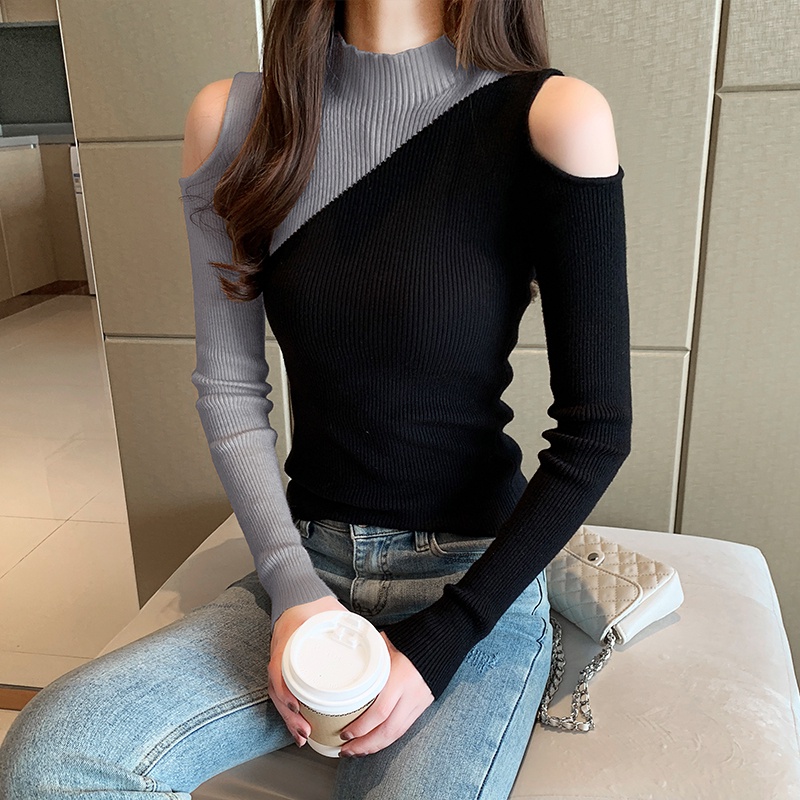 【ZHELIHANGFEI】Áo Sweater Dệt Kim Tay Dài Cổ Lọ Thiết Kế Trễ Vai Quyến Rũ