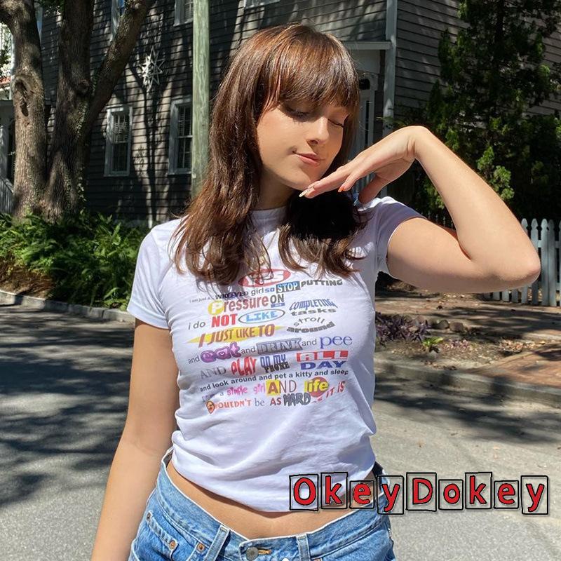 Áo Thun Crop Top Tay Ngắn Cổ Tròn In Chữ Y2k Thời Trang Cho Nữ