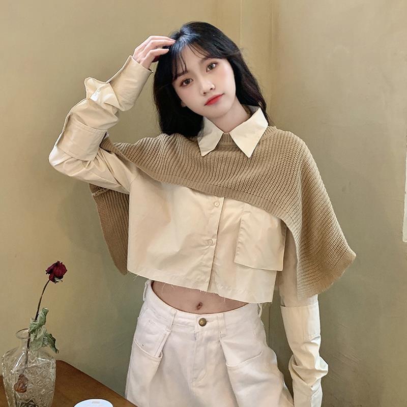 Bộ áo sơ mi dài tay phối khoác len không tay độc đáo thời trang dành cho nữ | BigBuy360 - bigbuy360.vn