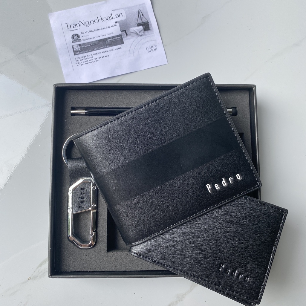 set ví nam hàng tuồn kho kèm bút + móc khóa full box, túi giấy