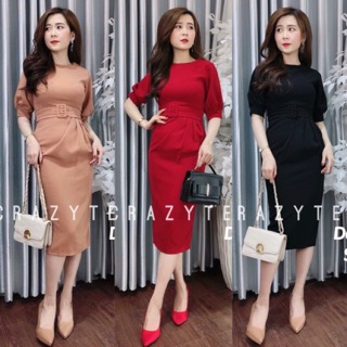 [Ảnh thật cuối] Đầm body tay phồng phối đai eo