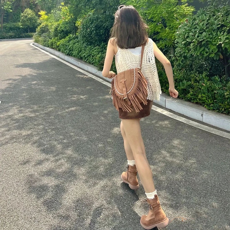 Túi đeo chéo IELGY cỡ lớn phối tua rua phong cách retro thời trang cho nữ