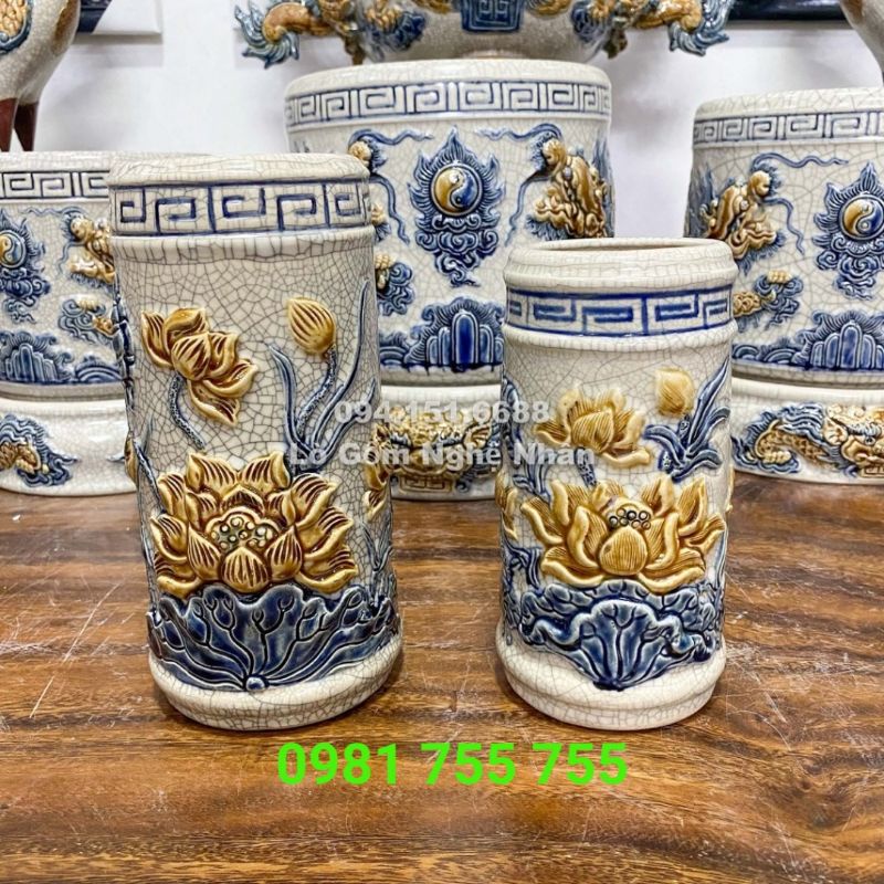Lọ Đựng Hương_Ống Cắm Hương Men Rạn Hoa Sen Nổi Gốm Sứ Bát Tràng Loại 1