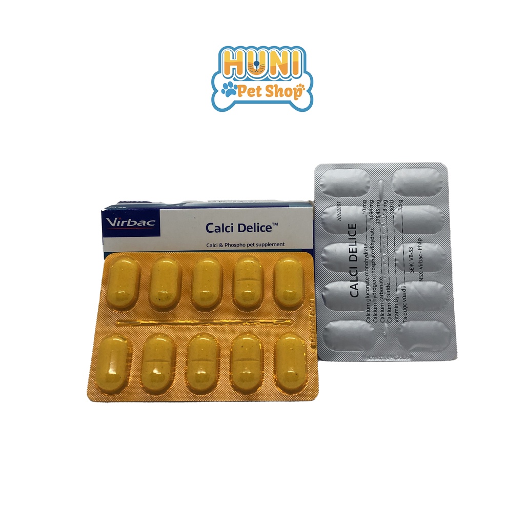 Viên Canxi cho chó mèo Pháp Virbac viên Calci Delice cho chó con, chó thiếu hụt dinh dưỡng vỉ 10 viên- Huni Petshop
