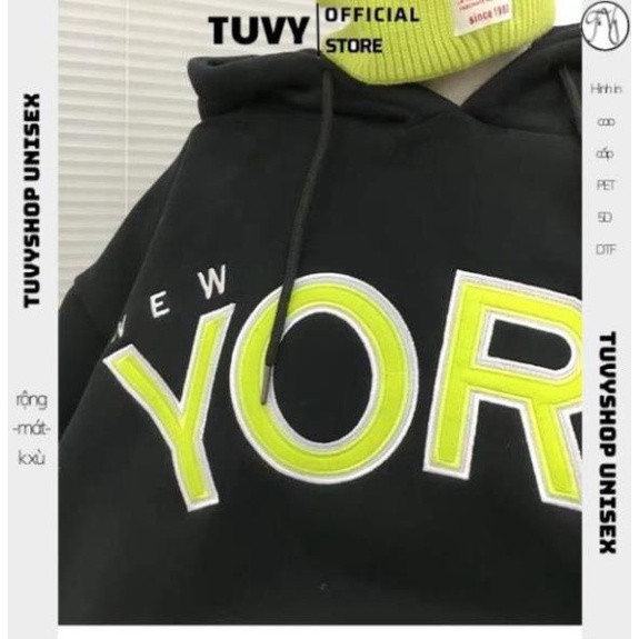 Áo Hoodie Nữ TUVY Áo Hoodie Vải Nỉ Lót Bông Dày Dặn Thêu York Unisex Form Rộng