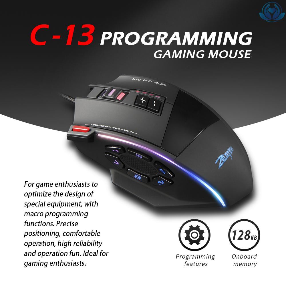 【enew】Zelotes C-13 Wired Gaming Mouse 13 Programming Keys Adjustable 10000DPI RGB Light Belt 128KB On-board Memory Built-in Counterweight Mechanism