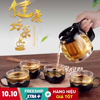 Bộ ấm trà thủy tinh kèm 4 cốc - bình trà thủy tinh chịu nhiệt có lõi lọc