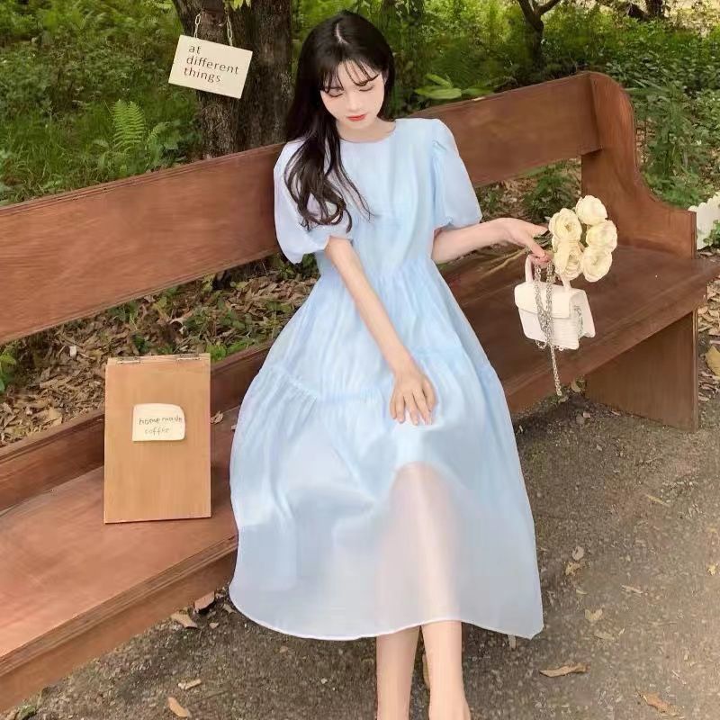 Đầm babydoll MURIOKI tay ngắn phồng cổ tròn phong cách Pháp thời trang 2022 cho nữ