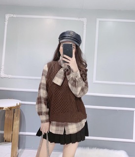Set áo kẻ cổ nơ + áo gile len