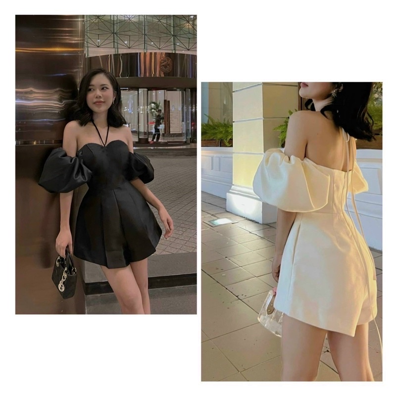 Jum tay bồng cổ yếm có mút ngực có khóa kéo sau, jumsuit short ống rộng, chất tapta bóng dày dặn đứng phom
