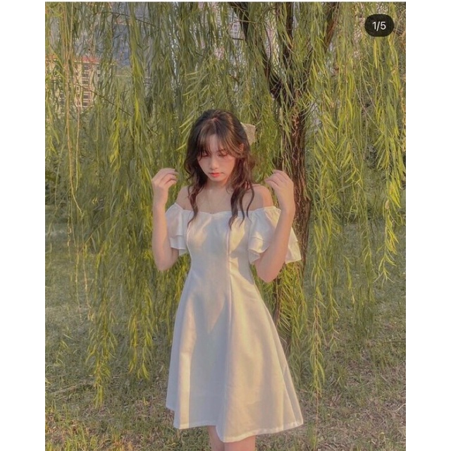 Váy xoè 🌸 Đầm trễ vai màu trắng tay bồng style Hàn Quốc Ulzzang dành cho nữ PHULA V05 | BigBuy360 - bigbuy360.vn