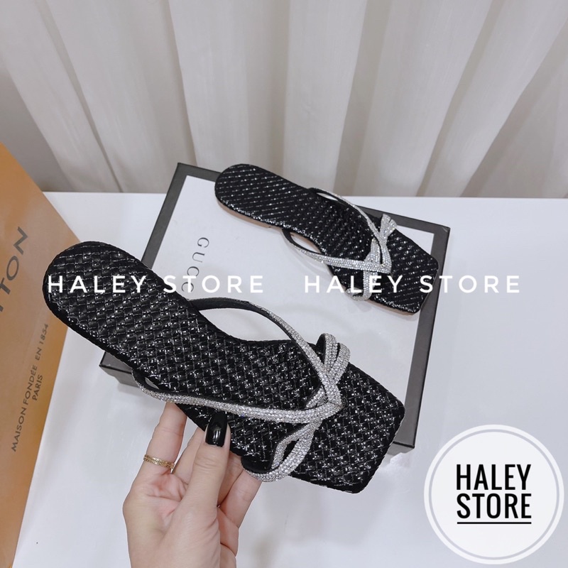 Dép nữ HALEY STORE mũi vuông kẹp xỏ ngón quai đính đá xoàn pha lê sáng lấp lánh sang trọng tiểu thư quai mảnh rẻ bền đẹp