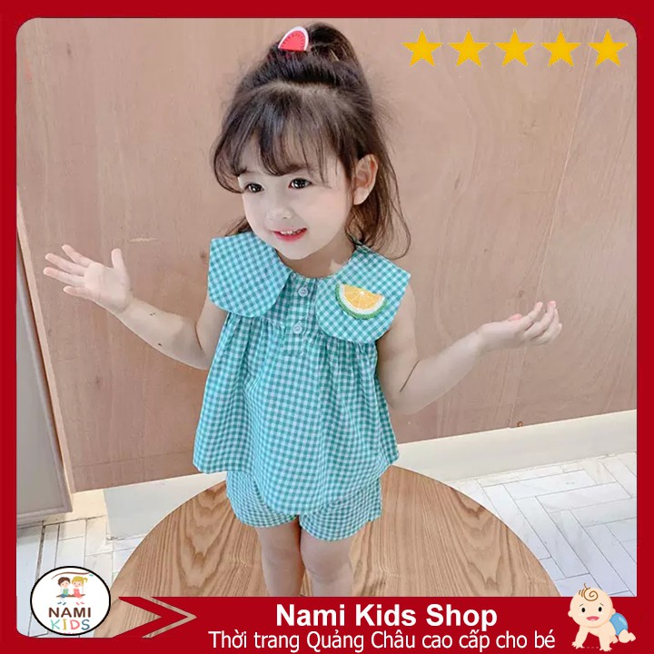 Bộ quần áo bé gái họa tiết caro cổ bèo siêu đáng yêu