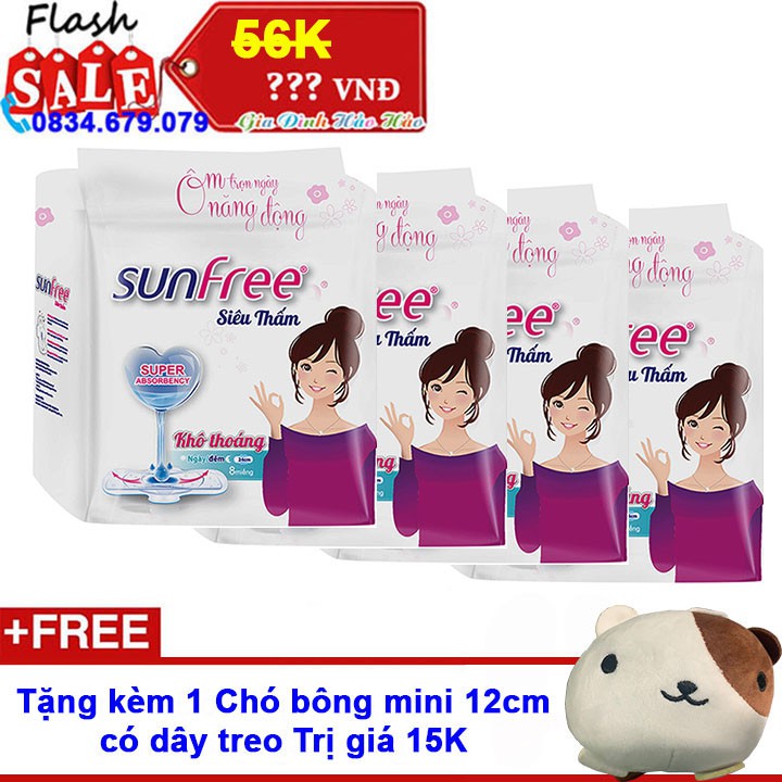 Combo 4 Gói Băng vệ sinh Sunfree siêu thấm khô thoáng có cánh 24cm x Gói 8 Miếng - Tặng kèm chó bông mini