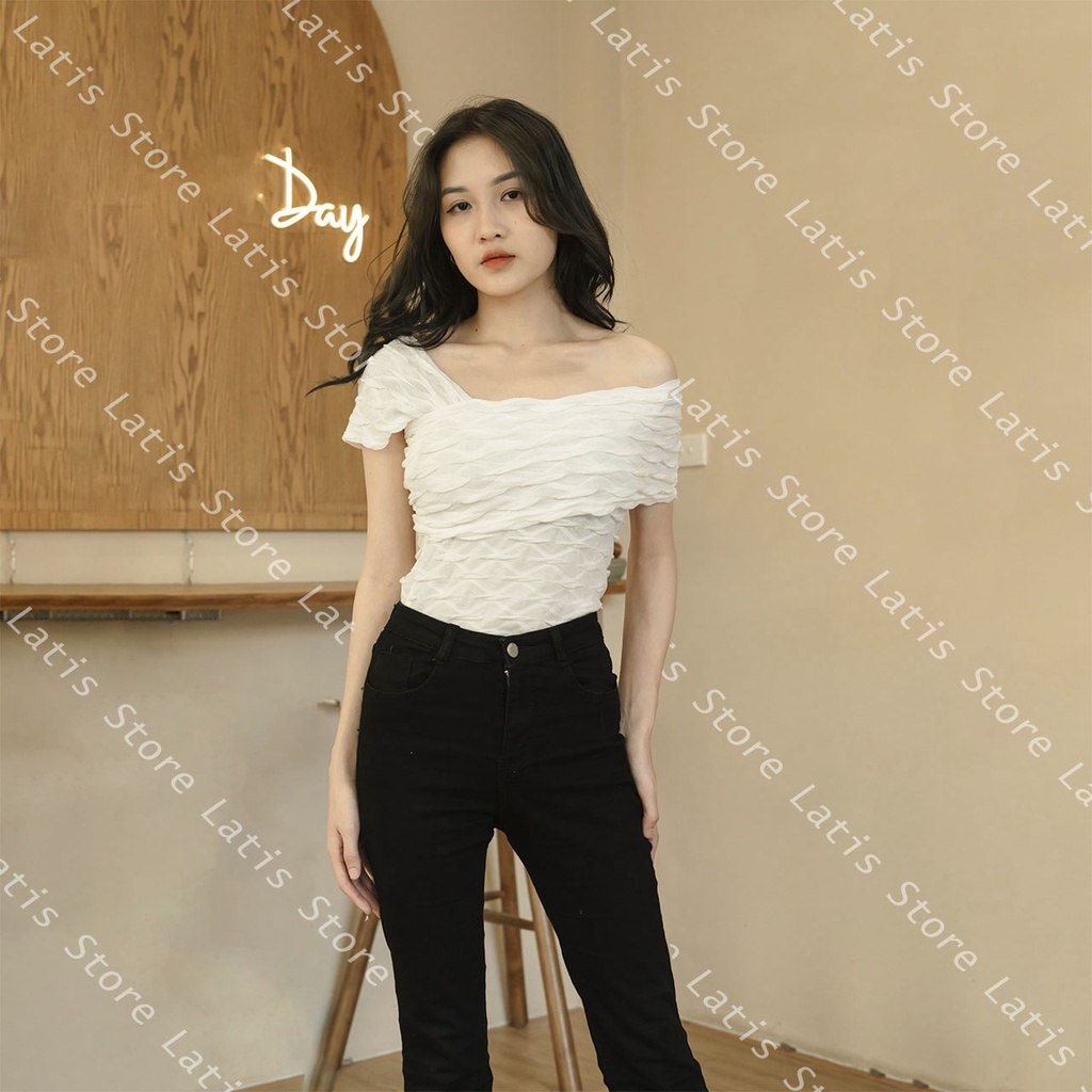 Áo Kiểu Nữ Lệch Vai Gợn Sóng, Áo Thun Trễ Vai Nữ Hàng Quảng Châu Cao Cấp Phong Cách Ulzzang - Latis Store