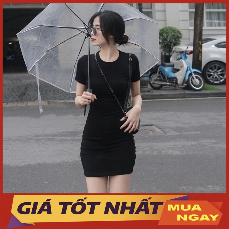 Váy Body, Váy Minidress Thun Ôm Eo Đen Trơn V2052