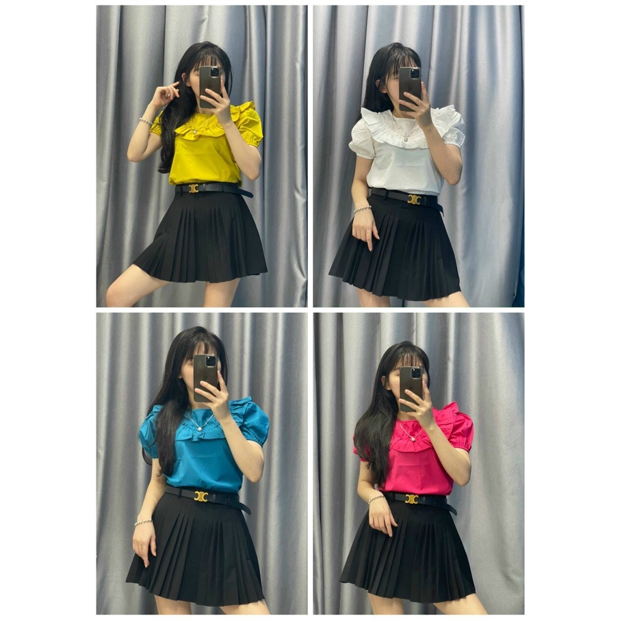 Áo kiểu nữ áo sơ mi nữ đẹp ngắn tay chất thô mát cổ tròn phối bèo siêu xinh A418