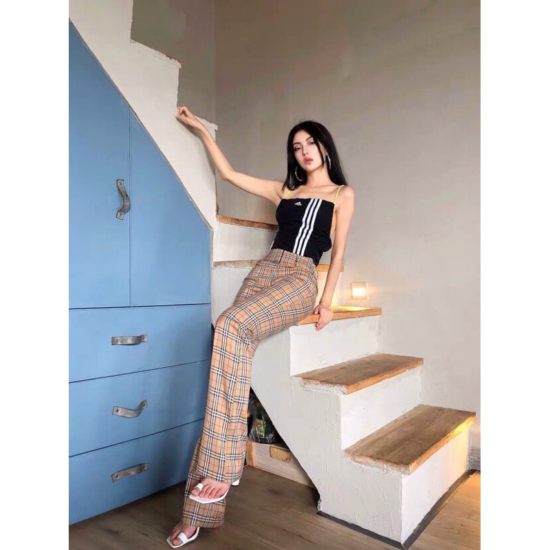 Quần dài kẻ bbr lưng cao ống suông