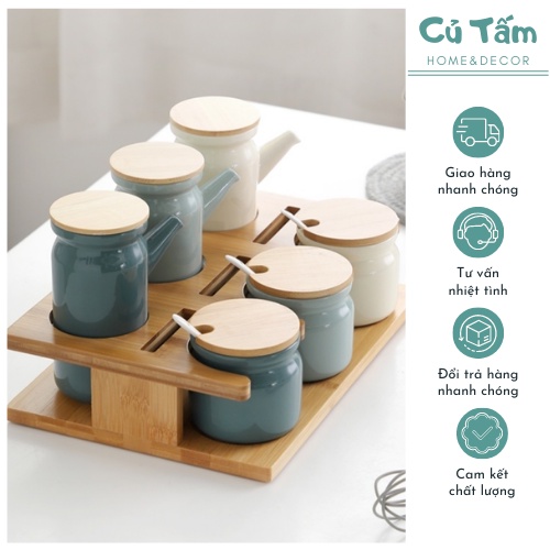 Kệ để gia vị, hũ gia vị và chai đựng dầu kèm kệ cao cấp (set 6) - cutam.homedecor