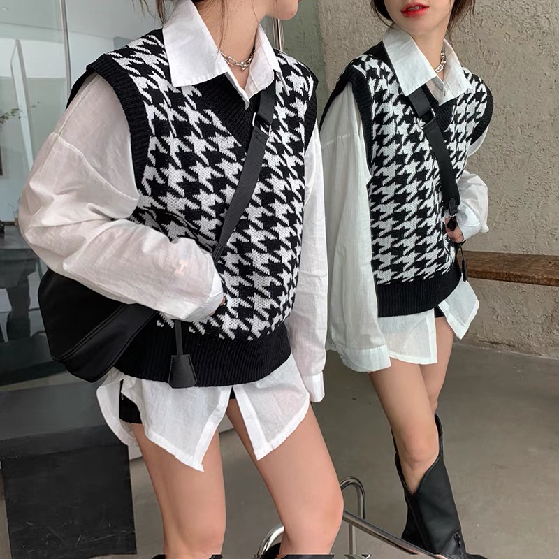 Áo gile nữ len cổ chữ V không tay phối trắng đen be vintage phong cách Hàn Quốc