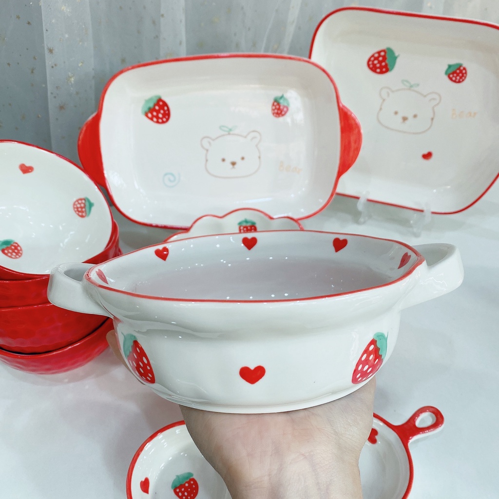 Bộ bát đĩa sứ decor trang trí món ăn dâu tây gấu đỏ 10 món siêu đẹp