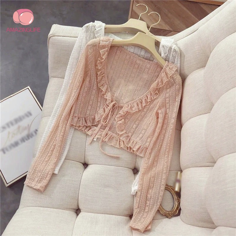 Áo Khoác Cardigan Dài Tay Cổ Chữ V Phối Ren Thời Trang Mùa Hè Hàn Quốc Cho Nữ