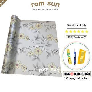 Decal dán kính cửa sổ mờ khổ 90cm chống nắng, giấy decan dán kính cửa phòng ngủ hoa văn vàng