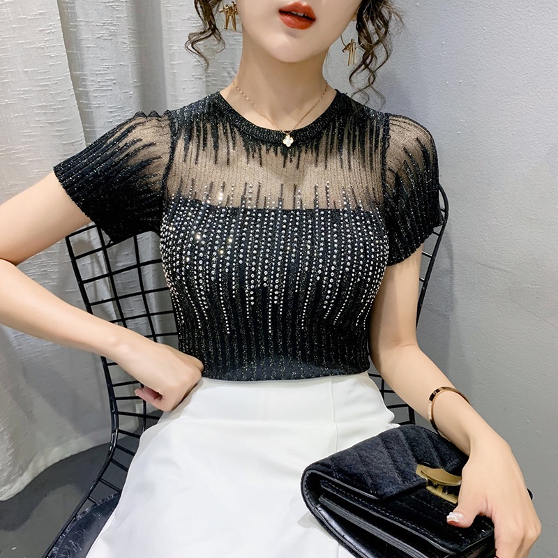 Áo lưới nữ áo thun tay ngắn nữ Đính Đá Thời Trang Mùa Hè