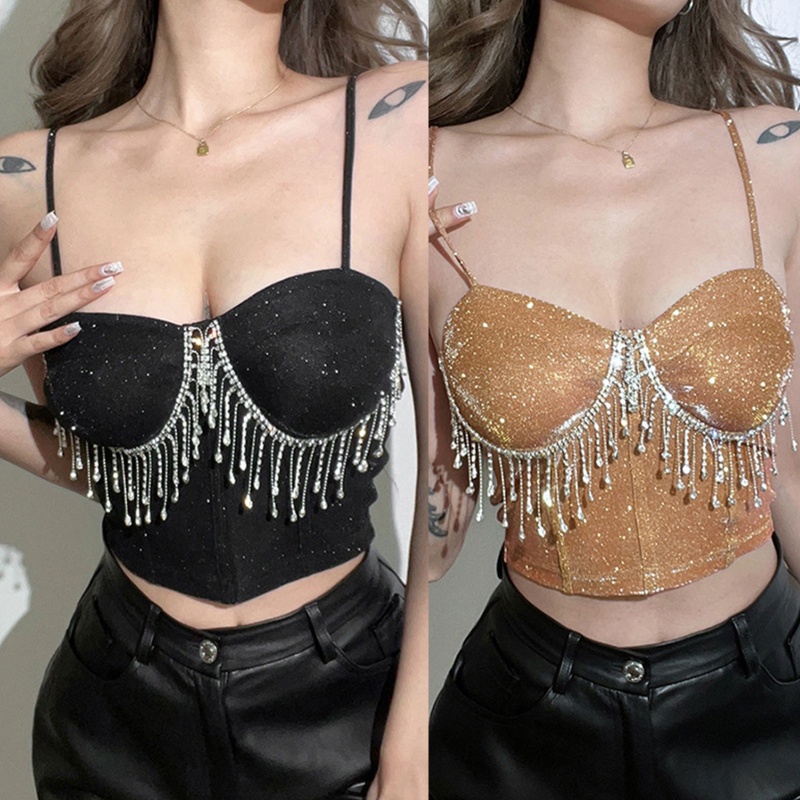 Áo croptop hai dây tua rua đính đá lấp lánh gợi cảm cho nữ