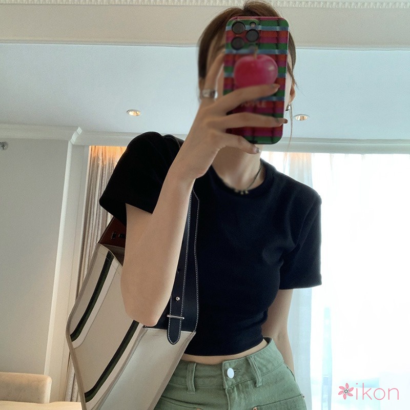 Áo Thun Croptop Hở Lưng Cổ Tròn Phong Cách Hàn Quốc Quyến Rũ Dành Cho Nữ