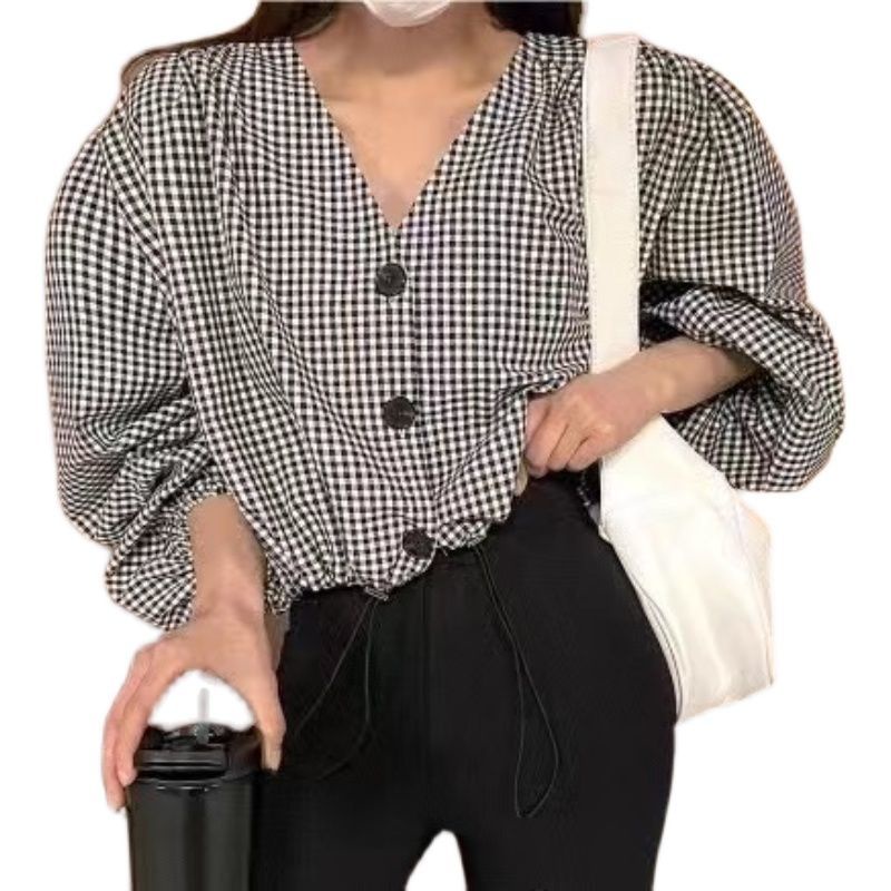 Áo Sơ Mi Caro Tay Dài Cổ Chữ v Thời Trang Phong Cách Hàn Quốc Cho Nữ