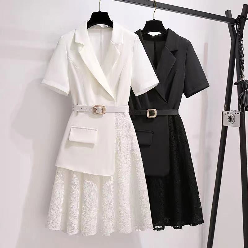 Đầm Cổ Vest Phối Ren Màu Trắng Thời Trang Mùa Hè Cho Nữ Plus Size M-4xl mm100kg