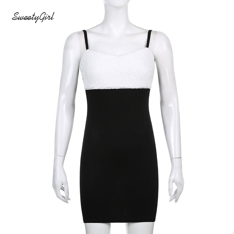 Đầm ôm dáng cổ chữ V hở lưng phối lông màu tương phản thời trang cho nữ