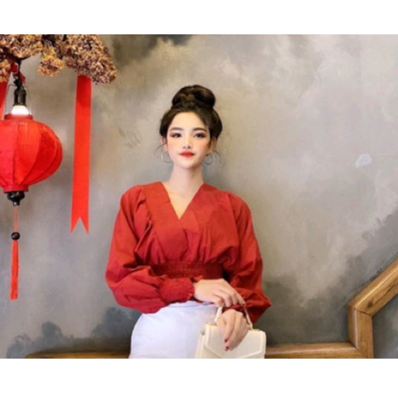 Áo cổ chéo bo eo